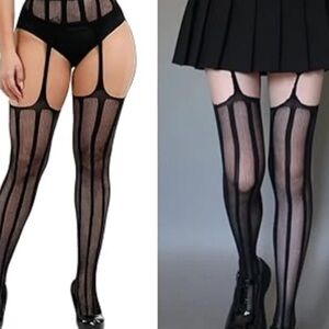 NIB Pinstripe Garter Black Fishnet Suspender Tights Lingerie Thigh High Stocking